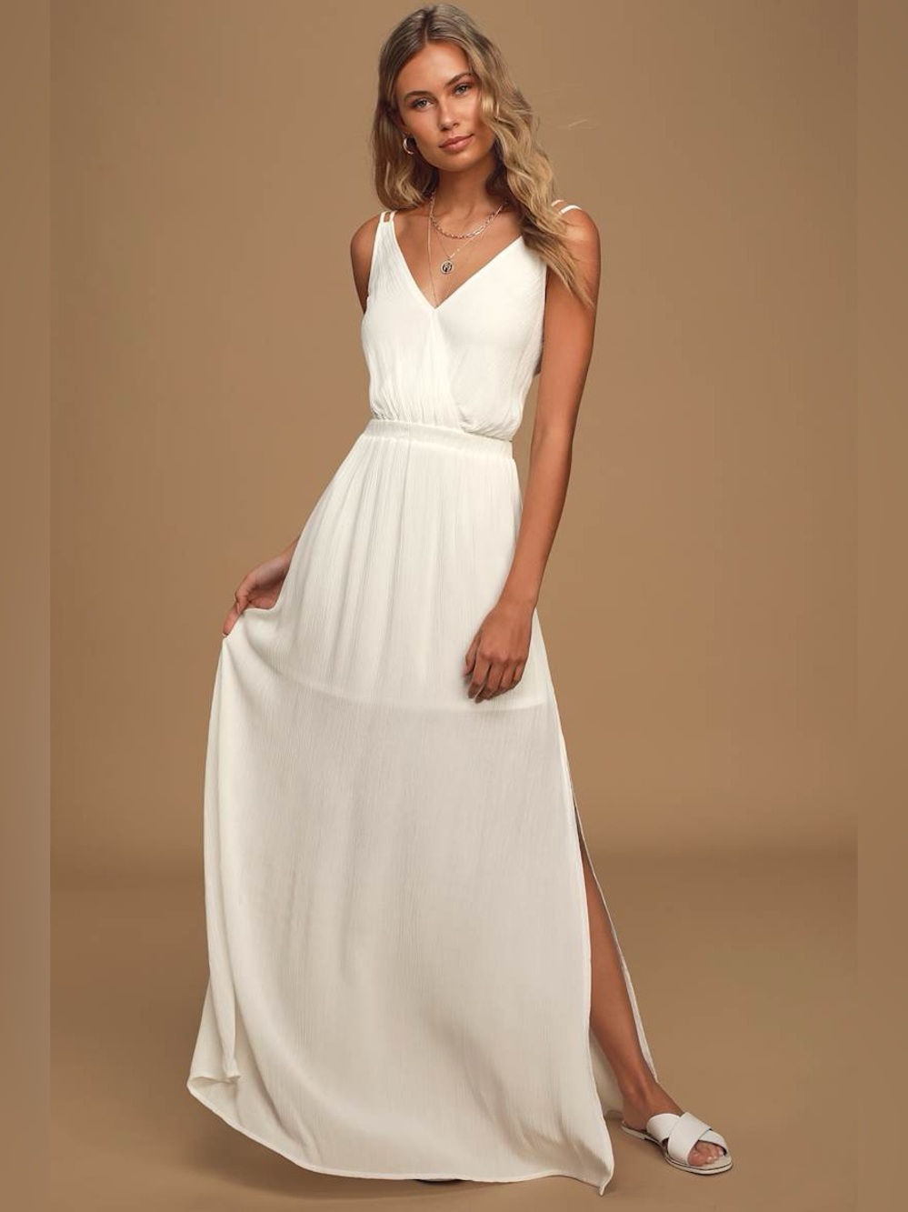Lulu's "Lost in Paradise" White Maxi Dress V-neck Surplice Side Slit Open Back L